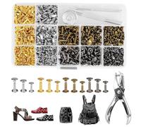 OdiuK Set di 360 rivetti in pelle, con doppia punta, rivetti cavi, con utensili per trapano e pinze, 12 mm, 8 mm, 6 mm, rivetti in pelle, per lavori fai da te, decorazioni in pelle, 4 colori