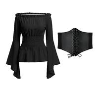 Odizli Abbigliamento medievale da donna gotico steampunk a maniche lunghe off shoulder corsetto top + cintura costume vittoriano rinascimentale, nero+cintura, M
