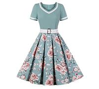 Odizli Abiti Rockabilly da Donna Anni '50 Vintage Maniche Corte Scollo a V Pois Swing Abito da Cocktail Matrimonio Festa Lunghezza al Ginocchio Vestito, fiori verdi, 3XL