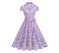 Odizli Abito da donna anni '50, stile vintage, rockabilly, estivo, a maniche corte, con scollo a V, con scollo a V, con linea, Lilla, XXL