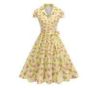 Odizli Abito da donna anni '50, stile vintage, rockabilly, estivo, a maniche corte, con scollo a V, con scollo a V, con linea, giallo., XXL