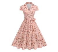 Odizli Abito da donna anni '50, stile vintage, rockabilly, estivo, a maniche corte, con scollo a V, con scollo a V, con linea, Colore: rosa., XXL