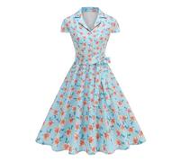 Odizli Abito da donna anni '50, stile vintage, rockabilly, estivo, a maniche corte, con scollo a V, con scollo a V, con linea, Blu, XXL