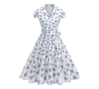 Odizli Abito da donna anni '50, stile vintage, rockabilly, estivo, a maniche corte, con scollo a V, con scollo a V, con linea, bianco, XL