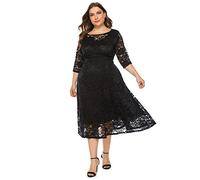 Odizli Abito da donna, elegante, con maniche a 3/4, in pizzo, per matrimoni, feste, da sera, taglie forti, Nero , XXXL