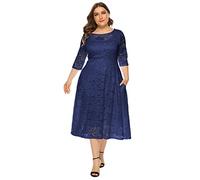 Odizli - Abito da donna elegante con maniche a tre quarti, in pizzo, per matrimonio, festivo, da cocktail, da sera, taglie grandi, Blu scuro, XL