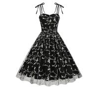 Odizli Abito da donna, vintage, elegante, estivo, con spalline sottili e fiori, ricamo, in rete, linea ad A, Nero , M