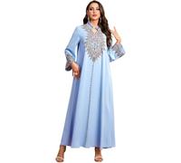 Odizli Abito da sera lungo da donna arabo Dubai musulmano elegante manica lunga scollo a V Paisley floreale ricamo floreale lungo, Azzurro, L