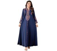 Odizli Abito da sera lungo da donna arabo Dubai musulmano elegante manica lunga scollo a V Paisley floreale ricamo floreale lungo, fiore blu, L