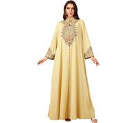 Odizli Abito da sera lungo da donna arabo Dubai musulmano elegante manica lunga scollo a V Paisley floreale ricamo floreale lungo, giallo chiaro, L