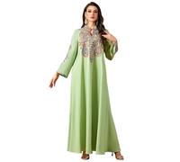 Odizli Abito da sera lungo da donna arabo Dubai musulmano elegante manica lunga scollo a V Paisley floreale ricamo floreale lungo, verde, L