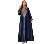 Odizli Abito da sera lungo da donna arabo Dubai musulmano elegante manica lunga scollo a V Paisley floreale ricamo floreale lungo, Blu marino, L