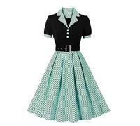 Odizli Abito Rockabilly da Donna, Anni 50, Vintage Audrey Hepburn, a Maniche Corte, con Scollo a V, a Pois, Swing, da Cocktail, verde, L