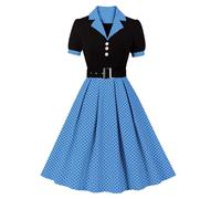 Odizli Abito Rockabilly da Donna, Anni 50, Vintage Audrey Hepburn, a Maniche Corte, con Scollo a V, a Pois, Swing, da Cocktail, Blu, L