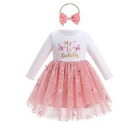 Odizli Baby 1° compleanno ragazza vestito autunno inverno manica lunga fiori farfalla abito in tulle + fascia, Colore: rosa., 9-12 Mesi