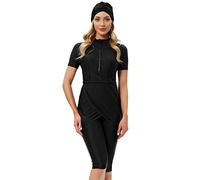 Odizli Costume da bagno da donna, modello islamico, a maniche corte, costume da bagno + pantaloni da nuoto + Hijab 3 pezzi, Nero , S