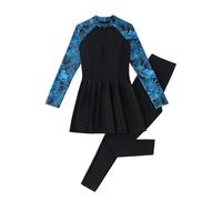 Odizli Costume da bagno modesto da donna con stampa tropicale a maniche lunghe con cerniera + pantaloni da bagno a corpo intero burkini, Nero , S