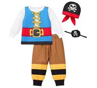Odizli Costume da pirata per bambini e ragazzi, con scheletro, a maniche lunghe, pantaloni + toppe per gli occhi + bandana, per Halloween, Carnevale, costume di carnevale, blu, marrone, 18-24 mesi
