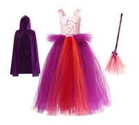 Odizli Costume da Strega per Bambini e Ragazze, Sanderson Sisters Witch, Travestimento in Tulle con Scopa, Cappello e Mantello, Costume da Carnevale