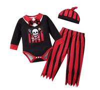 Odizli Costume di Halloween per bambini, neonati, pirati, scheletri, travestimento, costume da pirata, tutina a maniche lunghe, pantaloni + cappello, carnevale, costume di carnevale, colore nero