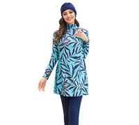 Odizli Maglia da donna musulmana a maniche lunghe con stampa + pantaloni + cuffia da bagno, 3 pezzi Burkini tutto il corpo, celeste #A, XXL