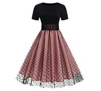 Odizli Rockabilly, abito da donna a maniche corte, stile anni '50, in rete, a pois, in tulle, Colore: rosa., M