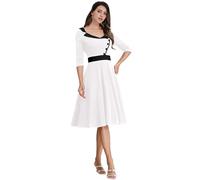 Odizli Rockabilly - Abito da donna anni '50, stile vintage, elegante, con maniche a 3/4, scollo a V, lunghezza al ginocchio, con scollo a V, bianco, L
