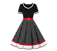 Odizli Rockabilly, abito da donna anni '50, vintage, a maniche corte, con scollo a V, a pois, per matrimonio, festa, lunghezza al ginocchio, Nero , XXL