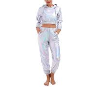 Odizli Tuta da jogging da donna, a maniche lunghe, con cappuccio e glitter metallizzati e pantaloni da jogging, 2 pezzi, Laser argento, L