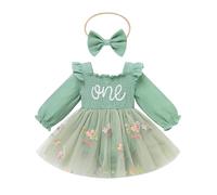 Odizli Vestito da bambina per il 1° compleanno, a maniche lunghe, con ricamo a farfalla, fiore, in tulle + fascia, verde, 12-18 Mesi