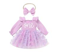 Odizli Vestito da bambina per il 1° compleanno, a maniche lunghe, con ricamo a farfalla, fiore, in tulle + fascia, Lilla, 12-18 Mesi