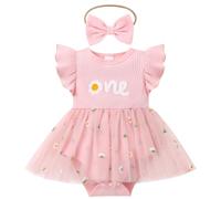 Odizli Vestito per bambine per il primo compleanno, con maniche svolazzanti, in maglia a costine, con tulle ricamato + fascia per capelli per servizio fotografico