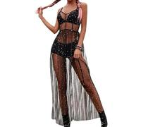 Odizli Vestito sexy da donna con stelle glitterate trasparenti in rete lunga per clubwear, bikini estivo, Nero#a., S