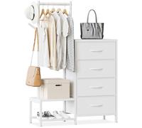 ODK Cassettiera Camera da Letto 3 in 1, con un Appendiabiti da Terra, Doppia Scarpiera e Due Ganci per Cappotti, con 4 Cassetti in Tessuto, Adatto a Camere da Letto e Ingressi, Bianco