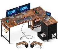 ODK Scrivania Angolare con Cassetti, 135×100 cm Scrivania ad Angolo Reversibile con Prese di Corrente e Porta USB, Scrivania Salvaspazio a L con Spazio di Archiviazione per Ufficio, Marrone Vintage