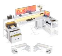 ODK Scrivania con Cassetti, 189.3×100cm Grande Scrivania Angolare Reversibile con 2 Porte di Ricarica USB e 2 Prese di Corrente, Scrivania Gaming con LED, Scrivania ad L per Casa Ufficio, Bianco