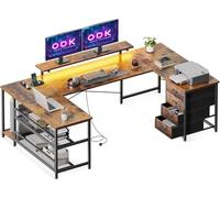 ODK Scrivania con Cassetti, Scrivania ad Angolo Reversibile con Multipresa, Tavolo da Gaming con LED e Supporto per Monitor per Ufficio a Casa, 167×102 cm, Marrone Vintage