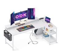 ODK Scrivania Gaming a L, 168x80cm Scrivania ad Angolo con Ripiani Portaoggetti, Scrivania Angolare Reversibile con Prese di Corrente e USB, Tavolo a L per Casa Ufficio, Bianco