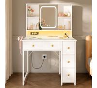 ODK White Vanity Table with Adjustable LED Mirror & Built-in Socket, 5 Fabric Drawers and Shelf Makeup Desk Storage Organizer for Bedroom