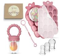 O'doe™ Mangiatoia per frutta in silicone per neonati e bambini, con clip, confezione da 1 vassoio per congelatore con coperchio, 18 fori per dentizione, per alleviare la dentizione, include 3 ciucci