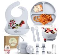 O'doe Set di 11 accessori per svezzamento a LED per bambini, set di alimentazione per bambini | ciotola a ventosa in silicone autoconsumante con cucchiai, tazze, bavaglini, set di piatti con |grigio,