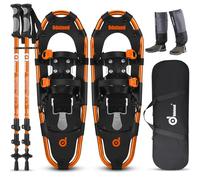 Odoland Ciaspole da Neve 4 in 1 con Alzatacco per Uomo Donna Gioventù, Racchette da Neve Set per Tutti i Terreni con Bastoncini Trekking, Ghette Gambe Impermeabile e Borsa Portatile, Arancia, L