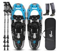 Odoland Ciaspole da Neve 4 in 1 con Alzatacco per Uomo Donna Gioventù, Racchette da Neve Set per Tutti i Terreni con Bastoncini Trekking, Ghette Gambe Impermeabile e Borsa Portatile, Nero Blu, L