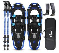 Odoland Ciaspole da Neve 4 in 1 con Alzatacco per Uomo Donna Gioventù, Racchette da Neve Set per Tutti i Terreni con Bastoncini Trekking, Ghette Gambe Impermeabile e Borsa Portatile, Blu, S