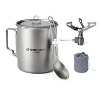 Odoland Pentola in titanio, 750 ml, mini fornello in titanio ultra leggero da 1900 W, tazza da caffè in titanio da campeggio con coperchio e forchetta, manico pieghevole per campeggio, escursionismo,