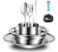 Odoland Set di Stoviglie da Campeggio per 1 Persona in Acciaio Inox con Piatto Ciotola Tazza Posate e Borsa in Rete, Riutilizzabili e Portatile, Set Piatti per Picnici Barbecue Viaggio Campo Estivo