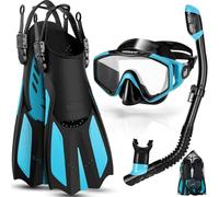 Odoland Set Snorkeling 3 in 1 con Maschera Snorkeling con Vista Panoramica 180°, Boccaglio Asciutto, Pinne Regolabili, Attrezzatura Subacquea per Adulti, Blu cielo, S/M