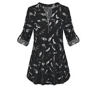 Odosalii Camicetta da donna con cerniera scozzese a tunica arrotolata manica polo top check shirt, L-piuma nera, L