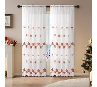 Odot Tende Semi Trasparenti per Interni, Agrifoglio Natalizio Fiore Rosso Papillon Campanello Stile Ricamo Tenda Voile con Tasca per Asta Tenda Filtranti Finestra 2 Pannelli (140x260cm)