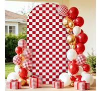 Odot Tessuto per Sfondo ad Arco Elastico Top Rotondo, Copertura per Arco Nuziale a Doppio Lato Decorativa per Allestimenti di Matrimonio, Compleanno, Festa e Banchetto (7.2FT-122x220cm,Quadri rosso)